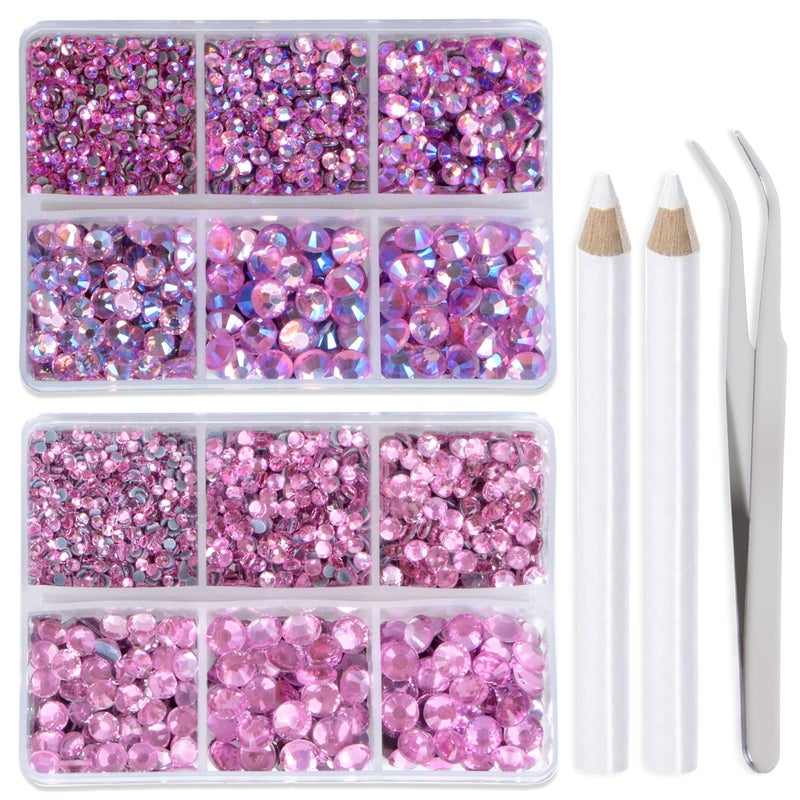 LPBeads 6400 Pieces Pink and Pink AB Hotfix Rhinestones Flat Back 5 Mixed Sizes Crystal Round Glass Gems with Tweezers and Picking Rhinestones Pen - Image 1